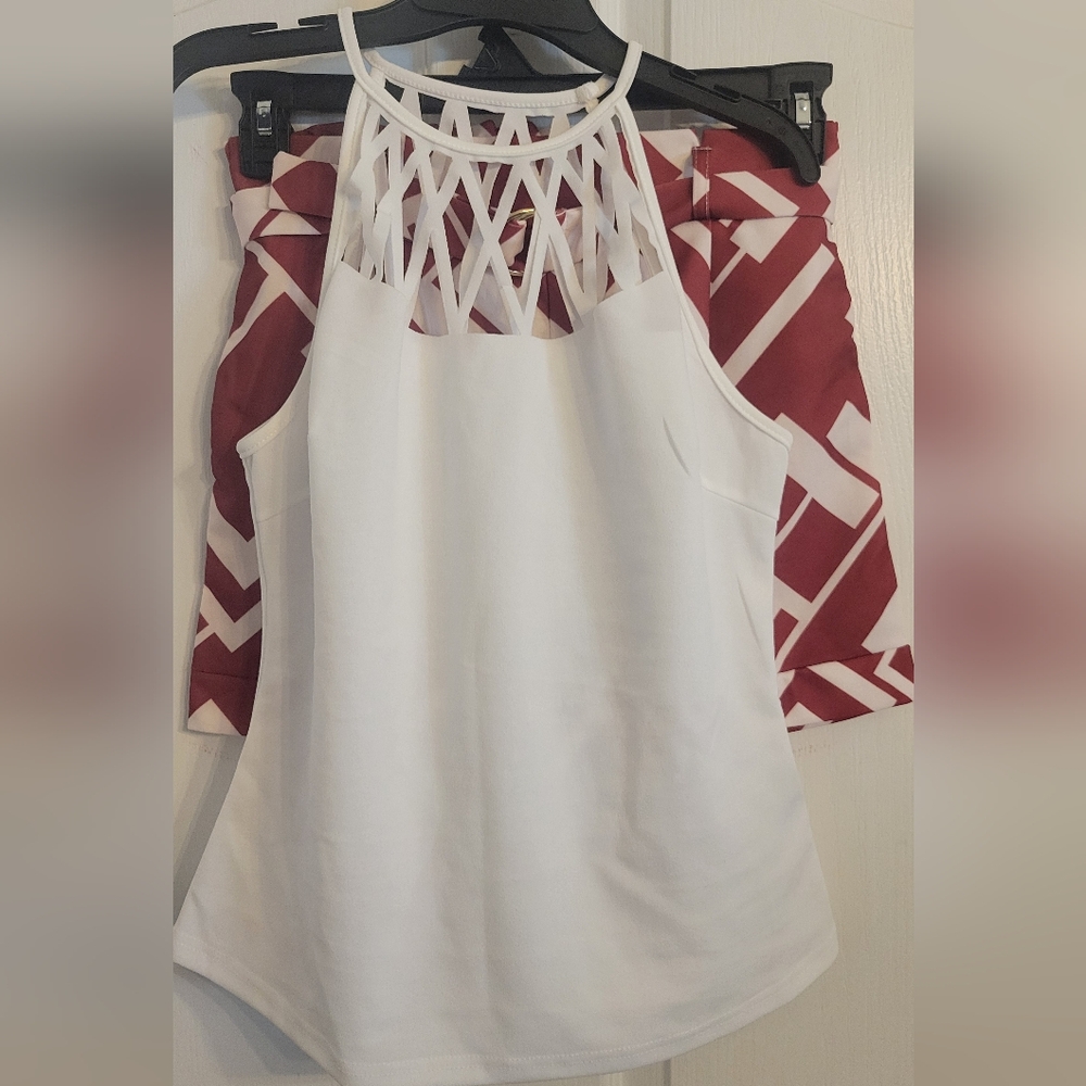 SHEIN White Halter Tank Top with Red Patterned Shorts